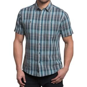 Kuhl Men's Skorpio Shirt L Origin Blue Linen Cotton Short Sleeve Button Front